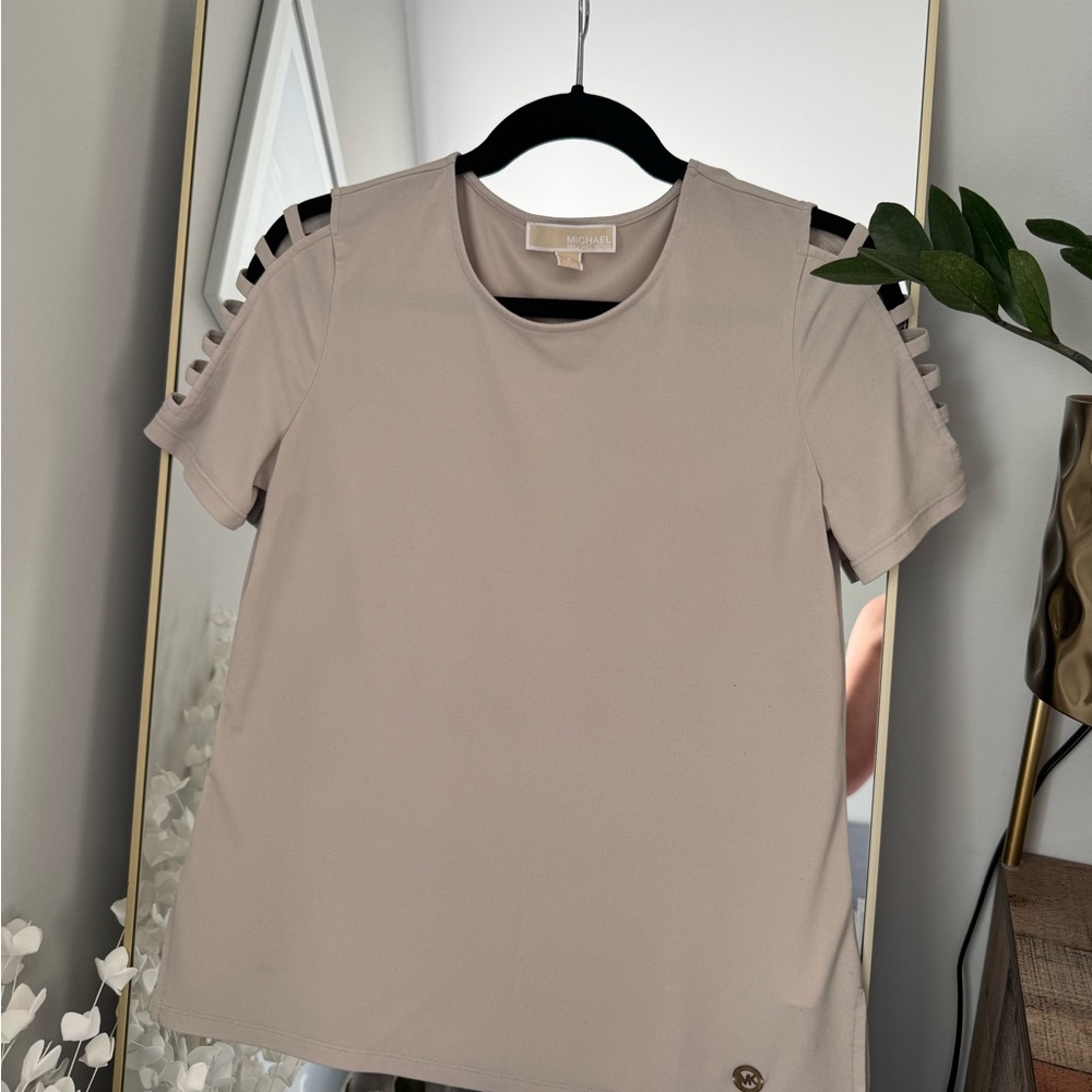 Michael Kors Tan T-Shirt with Cut-Out Short Sleeves